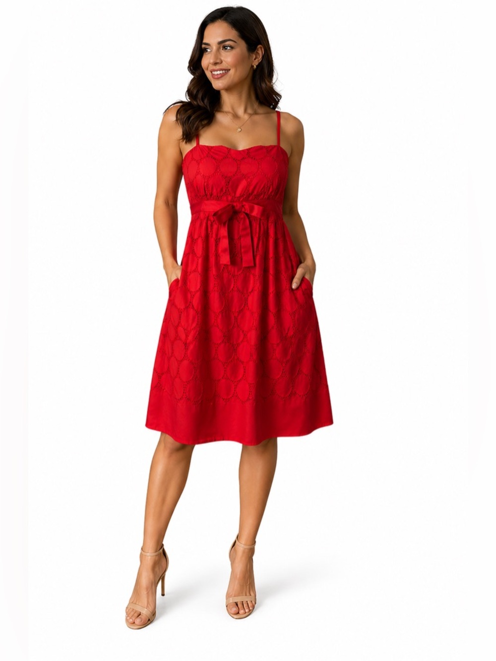 Donna Morgan Petite Red Eyelet Dress Sz 10P Fit & Flare